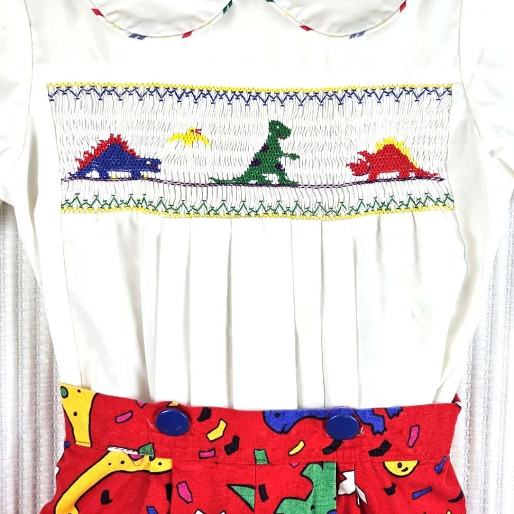 VTG Button-in Smocked‎ Dinosaur 2pc Outfit Colorful Dino Pleated